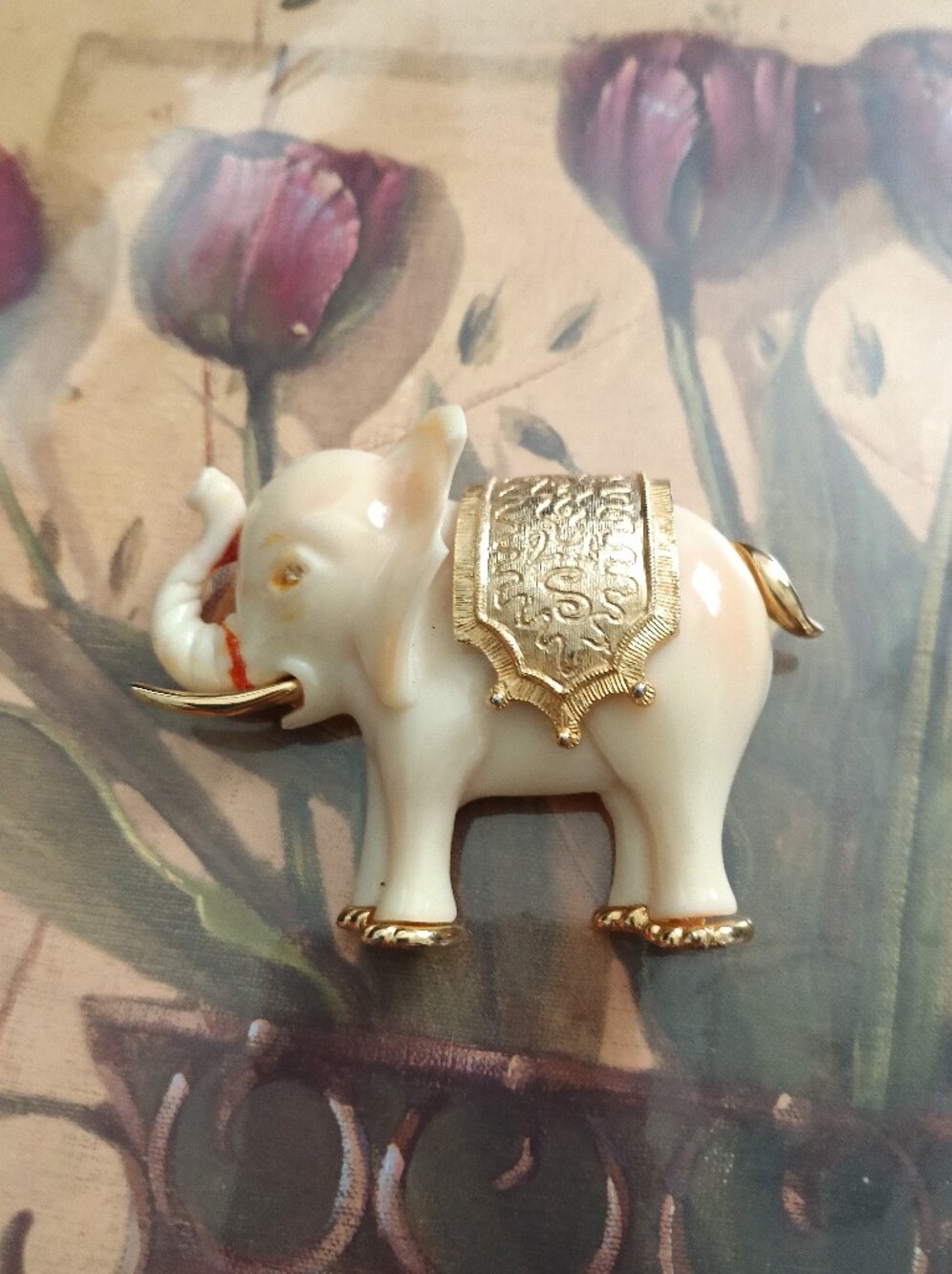 Vintage Ivory Enamel & Gold Elephant Brooch